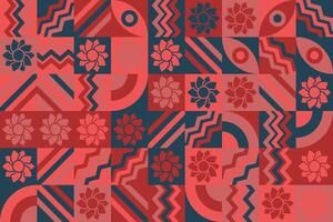 a red and blue pattern with flowers and geometric shapes vector