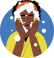 A flat style illustration of a woman doing face cleansing with hands vector