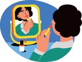 A flat style illustration of a woman applying lipstick in front of mirror vector
