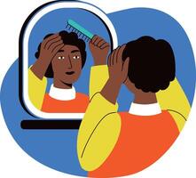 A flat style illustration of a character combing hair in front of mirror vector