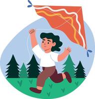 Kid playing with kite in garden, flat style illustration vector