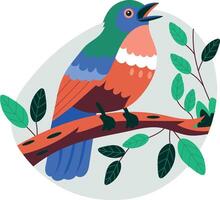 Chirping bird sitting on a branch, flat illustration vector