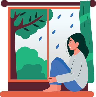 Girl enjoying raining window scene, flat style illustration