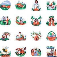 Set of 16 Flat Style Spring Illustrations vector