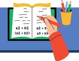 Hands writing on a math notebook, flat style illustration vector