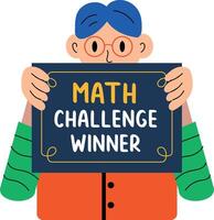 Student holding math certificate with math challenge winner text, flat illustration vector