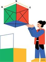 Character analysing a 3d model of cube, flat illustration vector