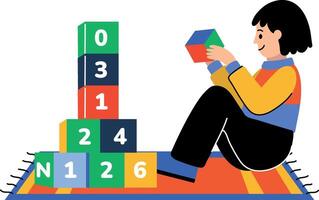 Kid playing with learning blocks, flat illustration vector