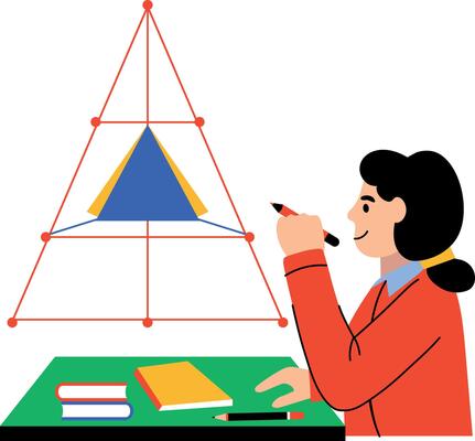 Student drawing pyramid 3d shape, flat style illustration