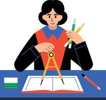 Student using compass to do math homework, flat illustration vector