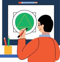Student drawing an inscribed triangle shape, flat illustration vector