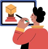 Character working on a 3d modelling software, flat illustration vector