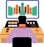 A flat style illustration of user interaction with cyber world vector