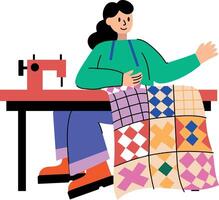 Flat illustration of a character doing quilting work vector