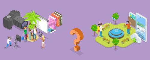 3D Isometric Flat Conceptual Illustration of Smartphone Vs Camera vector
