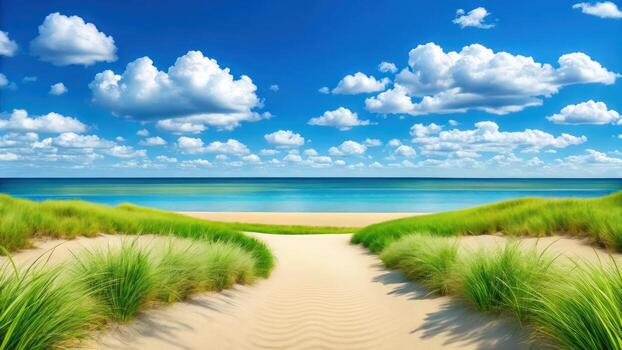 playa camino con césped y nubes en el cielo foto