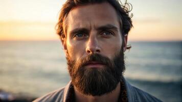 A man with a beard and a blue shirt photo