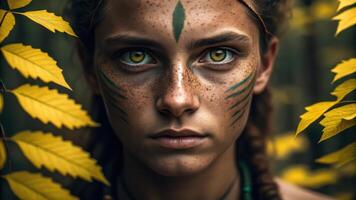 A woman with painted face and green eyes photo