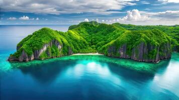 An island surrounded by green vegetation and blue water photo