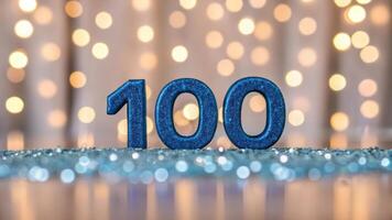 The word 100 is illuminated with blue lights photo
