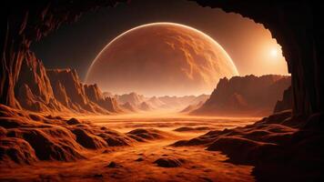An alien landscape with a red planet in the distance photo