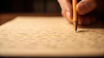 A person holding a pencil and writing on a piece of paper photo