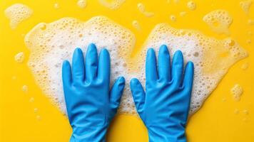 Two hands in blue rubber gloves washing a yellow background photo