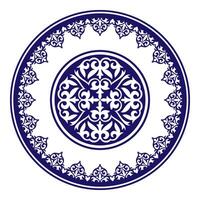 Blue white plate with lace design. Vintage, ethnic frame with arabesques. Beautiful round frame with a large pattern in the center. For round surfaces, household utensils, embroidery, engravings. EPS vector