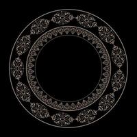 Golden plate with lace design on black background. Beautiful round frame arabesques. Vintage frame with arabesques. Pattern frame for round surface, household utensil, textile, embroidery, porcelain. vector