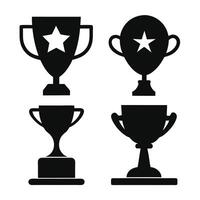 This image features four simple, solid black silhouette icons of awards, including trophies and a shield with laurel wreath, on a white background. vector