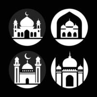Four iconic mosque silhouettes, displayed in circular frames against a stark black background. vector