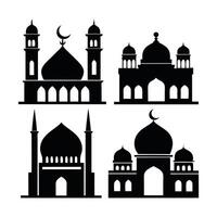This image presents four distinct silhouette designs of mosques, set against a plain white backdrop. vector