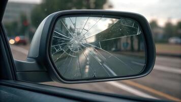 A broken mirror in a car with a reflection of the road photo