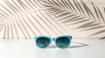 Blue sunglasses on a white table with palm leaves photo