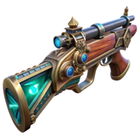 impressive modern serene vintage A steampunk weapon, a rifle with intricate carvings and glowing crystals, dark and moody lighting, detailed engraving genuine detailed png