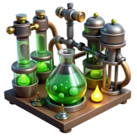 vibrant minimalist extraordinary contemporary A steampunk laboratory filled with bubbling beakers, strange devices, and glowing tubes, eerie green lighting, highly detailed exclusive authentic png