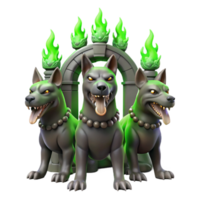 dramatic rustic serene vintage A three-headed Cerberus guarding the gates of the underworld, dimly lit by flickering green flames, painted in the style of Hieronymus Bosch high quality high quality png
