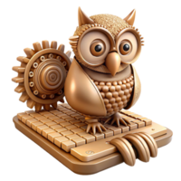 dramatic minimalist elegant contemporary A steampunk-inspired mechanical owl perched on a keyboard, gears and cogs visible, warm sepia tones, intricate detail professional authentic png