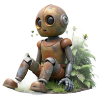 dramatic creative extraordinary minimalist A dilapidated robot sitting in a overgrown garden, rust and vines covering its metallic body, soft natural lighting, melancholic style detailed professional png