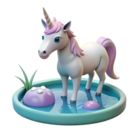 beautiful modern wonderful contemporary A serene unicorn drinking from a crystal-clear pond, soft morning light, hyperrealistic style original exclusive png