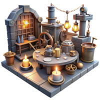 extraordinary creative wonderful classic A cluttered steampunk workshop, filled with tools, gears, and half-finished inventions, dim candlelight, gritty realism style high resolution genuine png