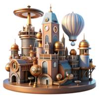 impressive artistic extraordinary rustic A steampunk cityscape with towering clockwork buildings and flying machines, vibrant midday lighting, art deco style professional authentic png