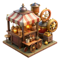 vibrant artistic magnificent creative A bustling steampunk market filled with eccentric vendors and strange inventions, warm market lighting, impressionistic style professional premium png