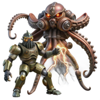 vibrant vintage extraordinary modern A colossal steampunk robot battling a giant mechanical squid, dramatic stormy lighting, epic fantasy style authentic 4K png