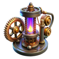 wonderful vintage beautiful contemporary A complex steampunk device with spinning gears and glowing tubes, mysterious lighting, surreal style original high quality png