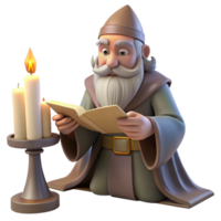 bellissimo creativo sereno artistico un' saggio vecchio procedura guidata studiando un' antico scorrere nel il suo Torre, lume di candela, fantasia arte stile esclusivo 4k png