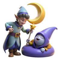 magnificent modern elegant rustic A mischievous pixie casting a spell on a sleeping knight, moonlight, whimsical illustration style high quality high resolution png
