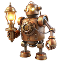 stunning artistic vibrant artistic A detailed depiction of a steampunk robot, brass and copper, intricate gears and pipes exposed, holding a glowing lamp, lit by soft, ambient light original authentic png