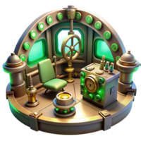 wonderful classic beautiful minimalist A scene inside a steampunk airship control room, filled with levers, dials, and glowing vacuum tubes, illuminated by flickering green lights premium exclusive png