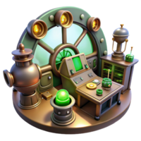 wonderful rustic extraordinary abstract A scene inside a steampunk airship control room, filled with levers, dials, and glowing vacuum tubes, illuminated by flickering green lights 4K detailed png